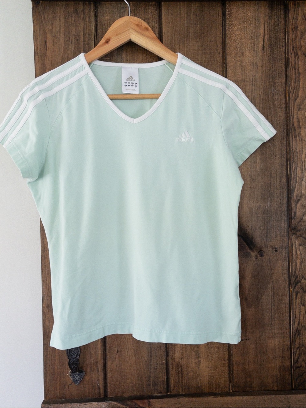 Adidas 3 Stripe V Neck Mint Green Stretch Tee Y2K 2000's Era Large Sporty